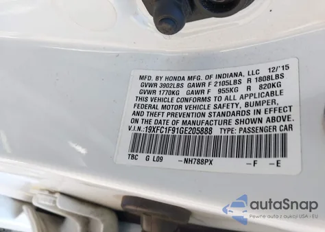 2016 Honda Civic Touring z USA, uszkodzony, nr VIN 19XFC1F91GE205888